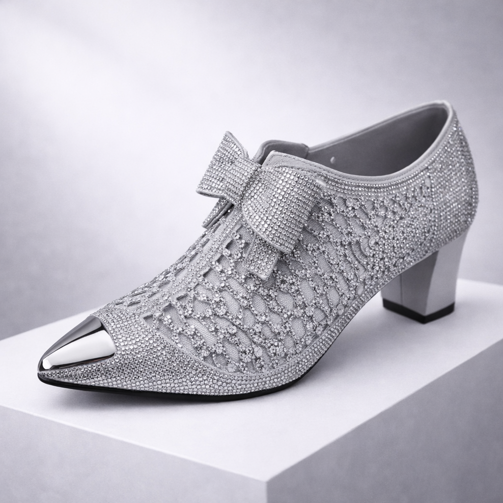 Women's Rhinestone Block Heels | Elegant Statement Bow Design 1