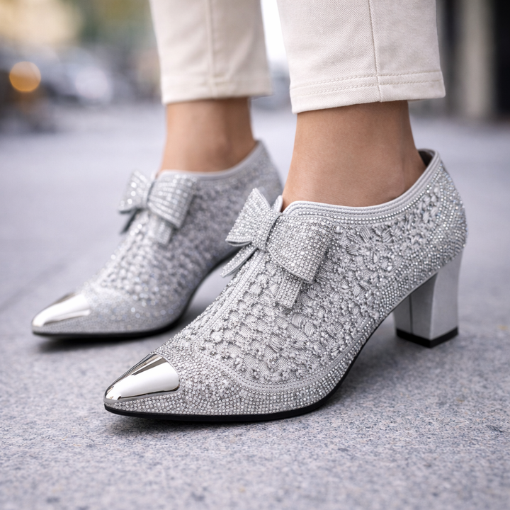 Women's Rhinestone Block Heels | Elegant Statement Bow Design 2