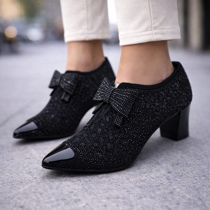 Women's Rhinestone Block Heels | Elegant Statement Bow Design 3