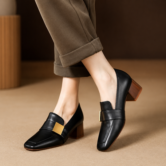 Women's smooth leather pumps with square toe