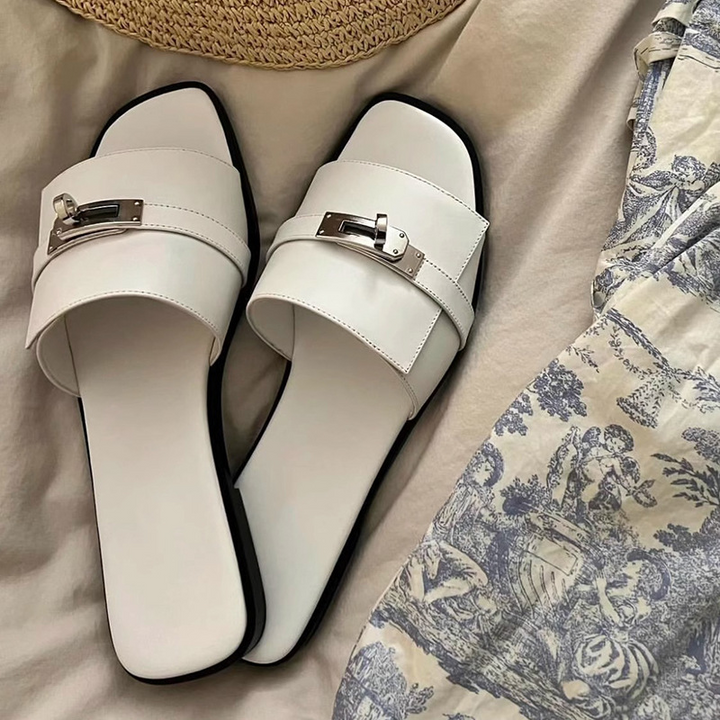 Women's Smooth Leather Square-Toe Slides | Elegant All-Day Comfort Design 0