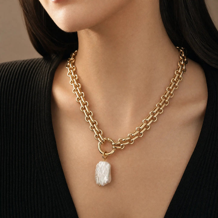 Women's Textured Pearl Necklace | Bold Chain Link Statement Design 0