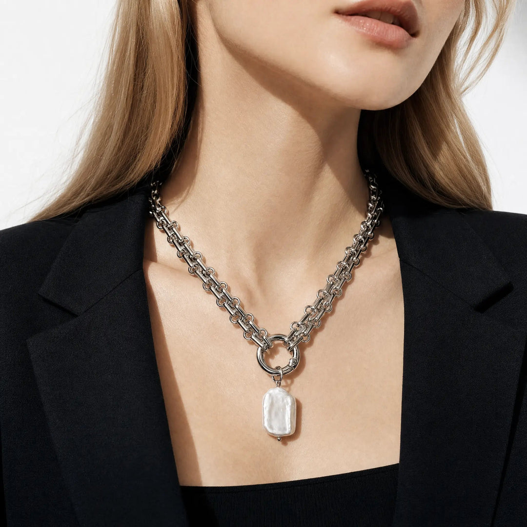 Women's Textured Pearl Necklace | Bold Chain Link Statement Design 1