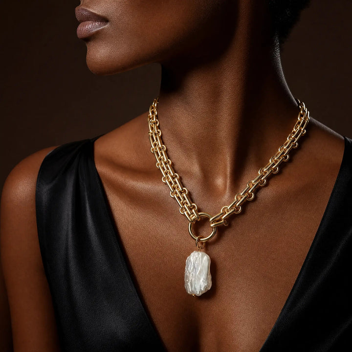 Women's Textured Pearl Necklace | Bold Chain Link Statement Design 2