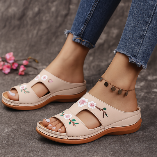 Women's Vegan Leather Slip-On Sandals | Charming Floral Embroidery Design 0