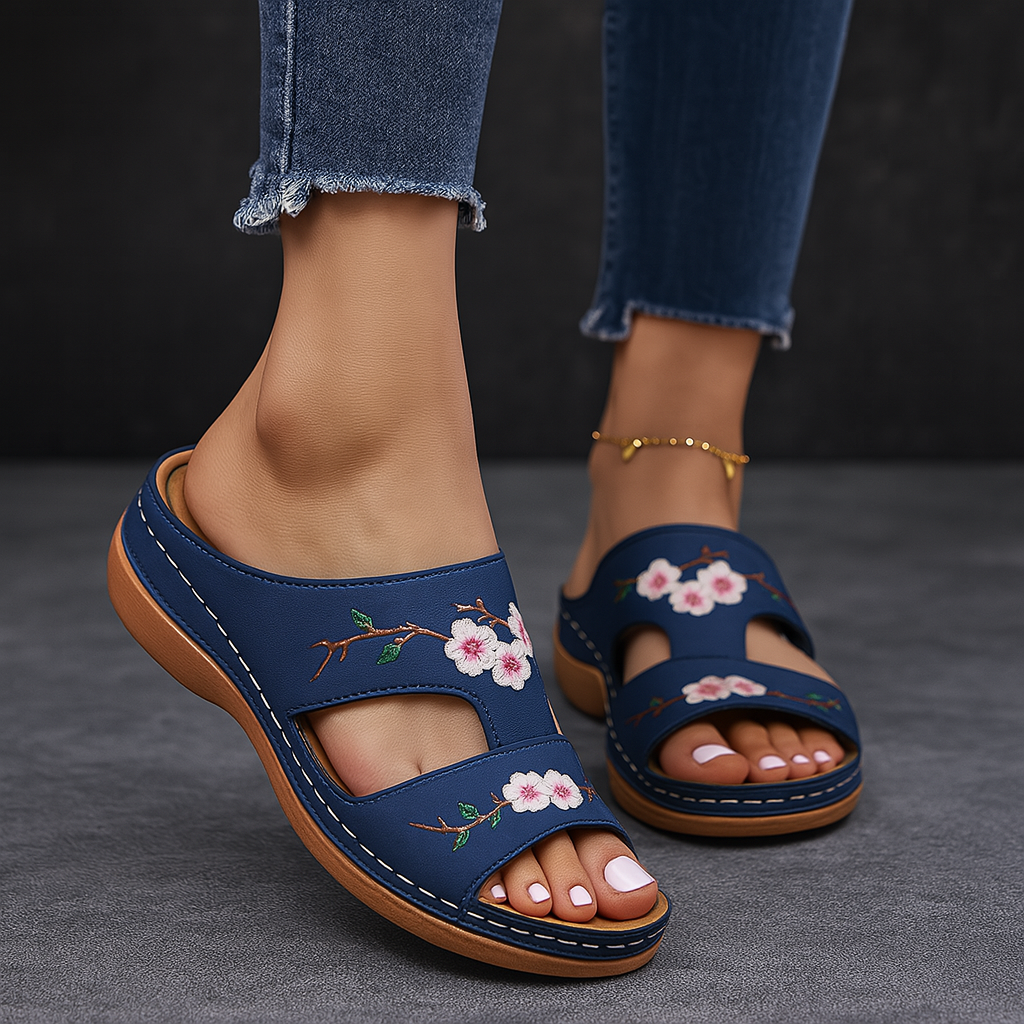Women's Vegan Leather Slip-On Sandals | Charming Floral Embroidery Design 1
