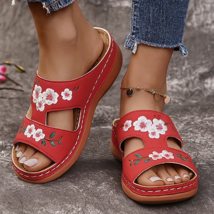 Women's Vegan Leather Slip-On Sandals | Charming Floral Embroidery Design 2