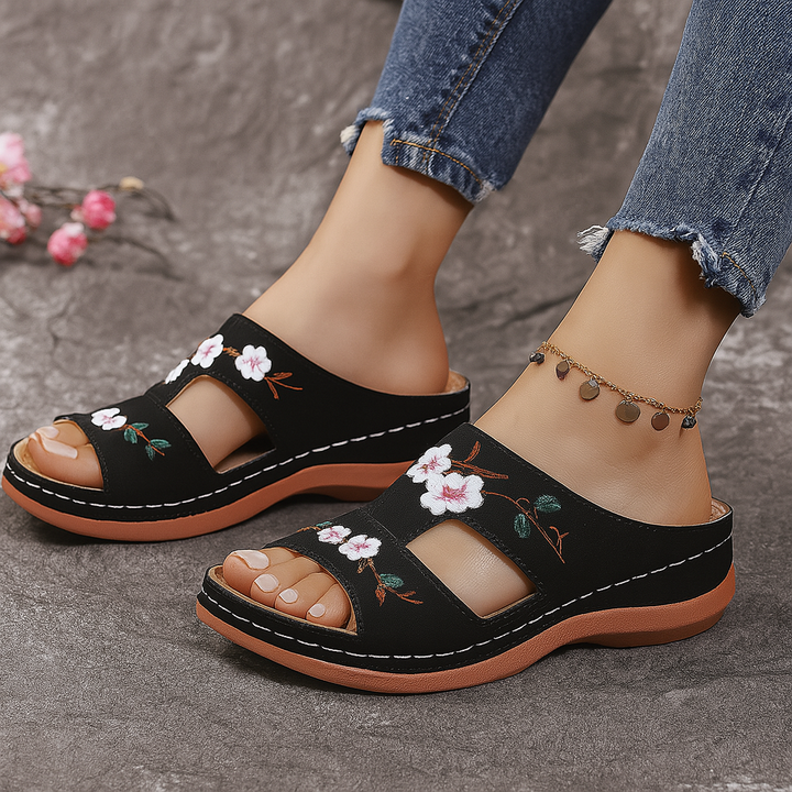 Women's Vegan Leather Slip-On Sandals | Charming Floral Embroidery Design 3