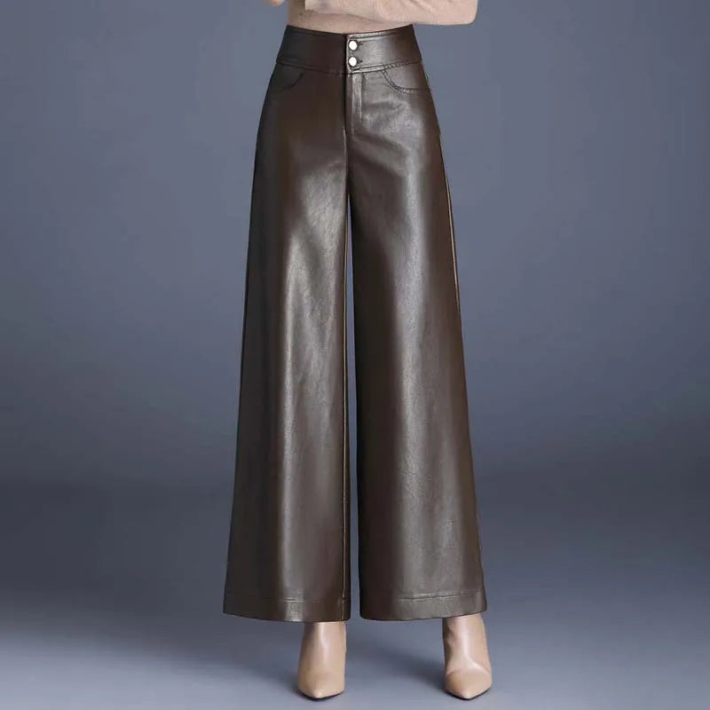 Women's vegan leather wide-leg pants with glossy finish
