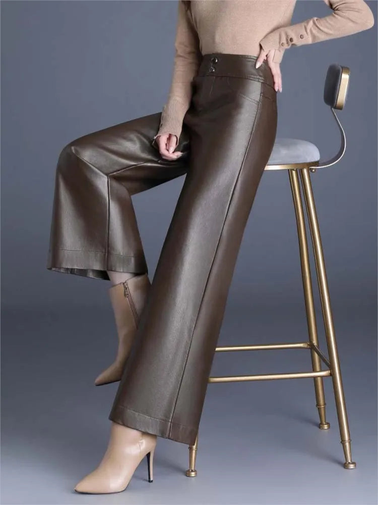 Women's Vegan Leather Wide-Leg Pants | Sleek Glossy Comfort Fit 2