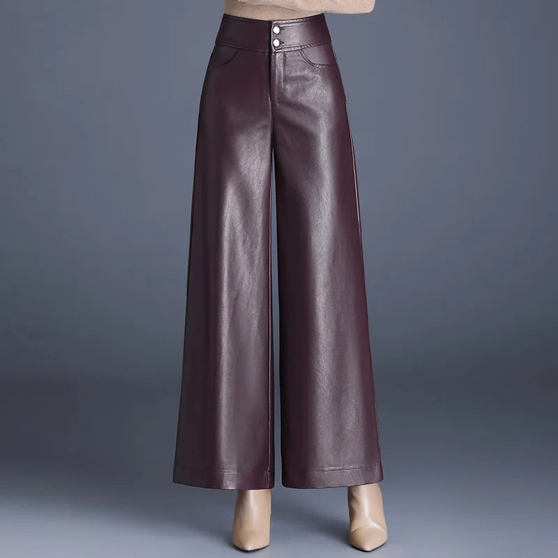 Women's Vegan Leather Wide-Leg Pants | Sleek Glossy Comfort Fit 4