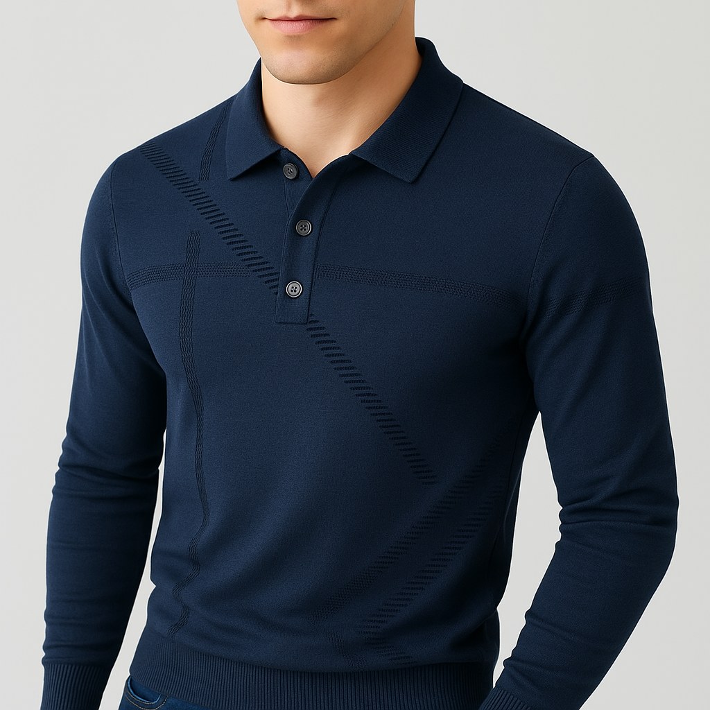 Navy blue long-sleeve polo shirt on a plain background