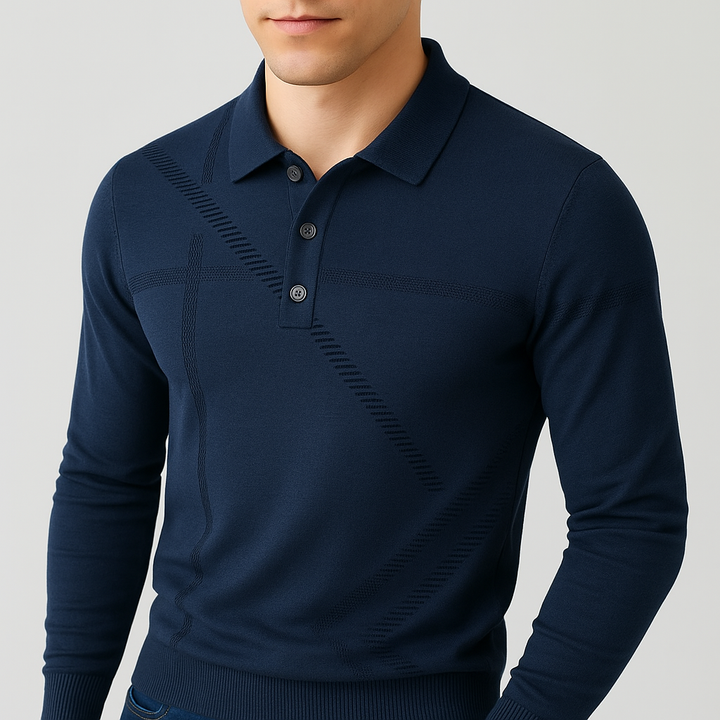 Navy blue long-sleeve polo shirt on a plain background