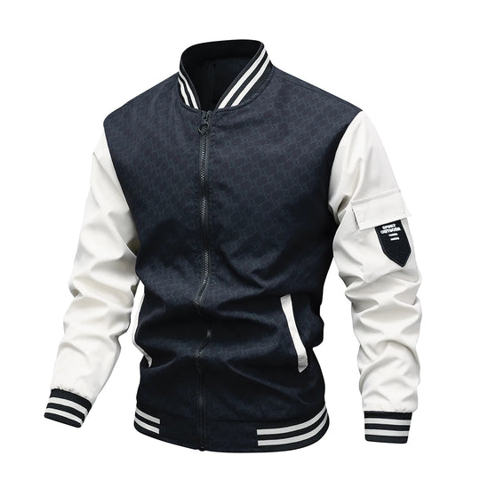Men's thin windbreaker bomber jacket with white sleeves and black body, featuring a standing collar, zipper, and stripe details on the cuffs.