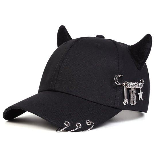 Black cap with cat ears and decorative elements on a white background