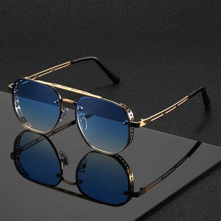 Gold-framed sunglasses with blue lenses on a reflective black surface