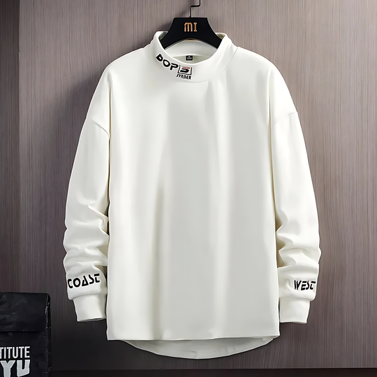 A white high collar hoodie with embroidery detailing on the collar and sleeves, displayed on a wooden background.