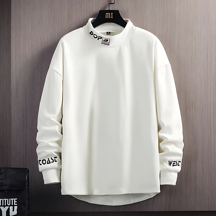 A white high collar hoodie with embroidery detailing on the collar and sleeves, displayed on a wooden background.
