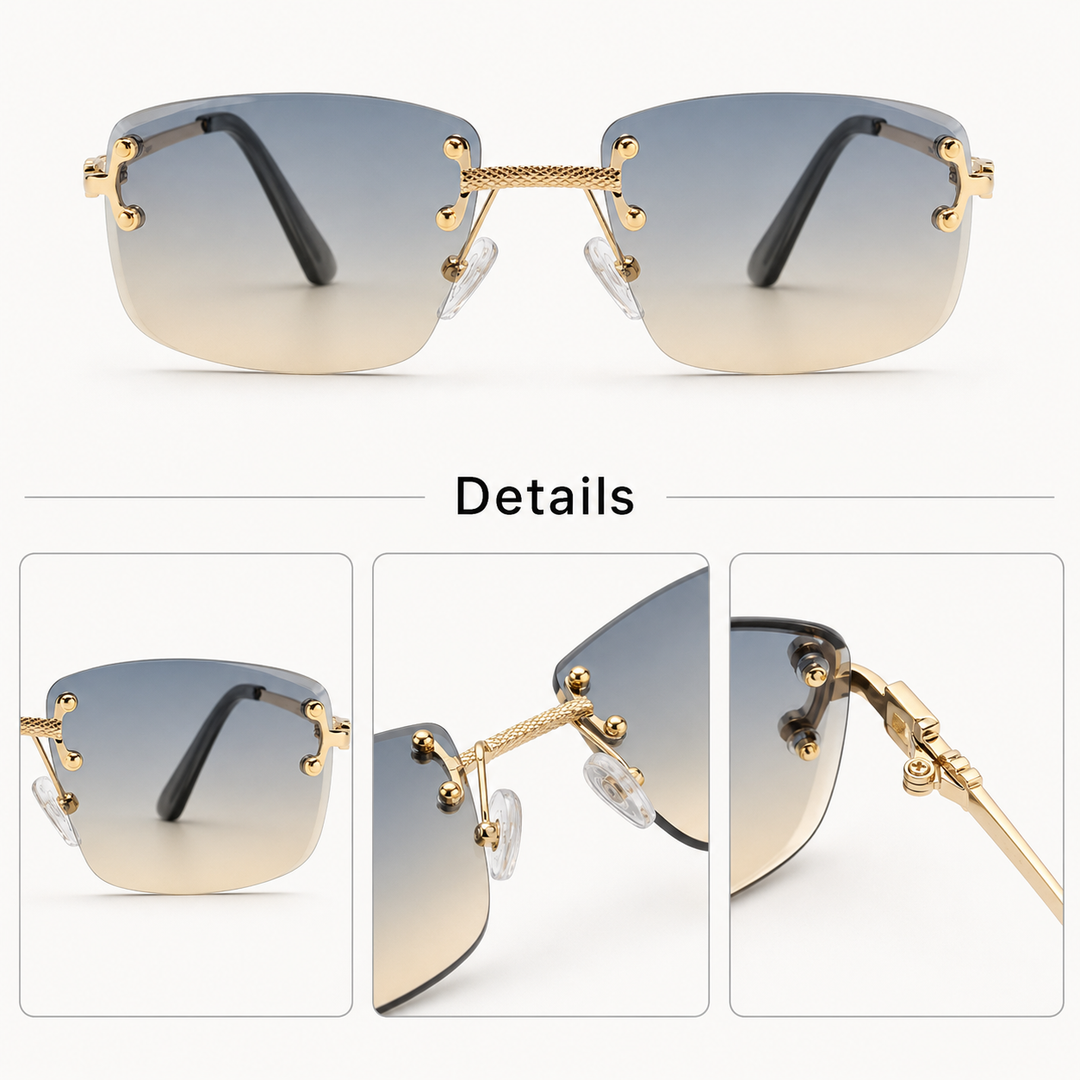 Sunglasses with gold frames and gradient lenses on a white background