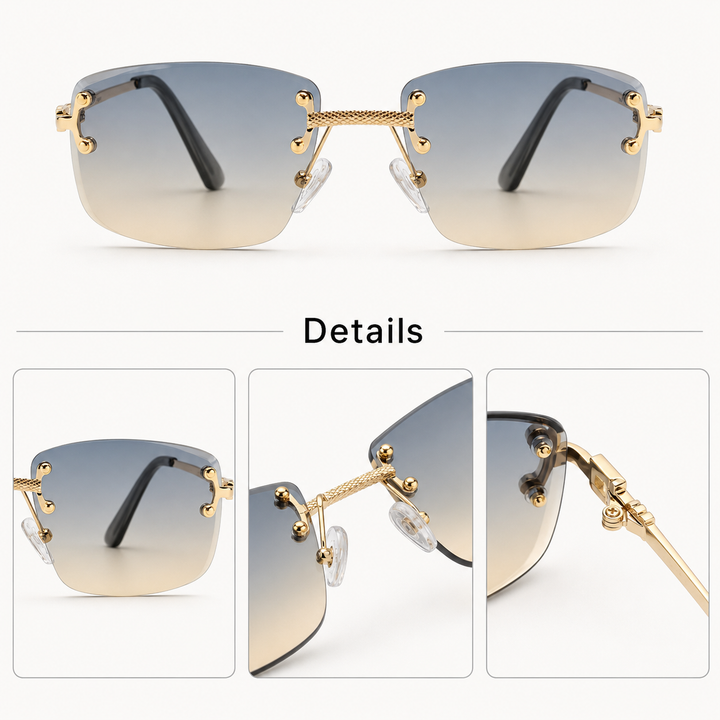 Sunglasses with gold frames and gradient lenses on a white background