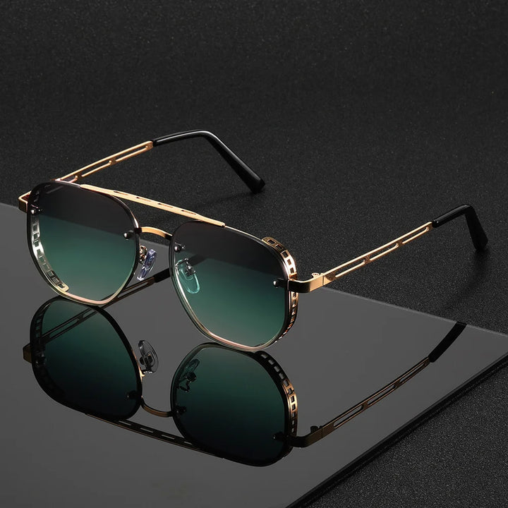 Gold-framed sunglasses with green lenses on a black reflective surface