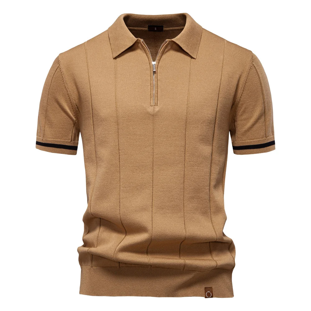 Beige short-sleeve polo shirt on a white background