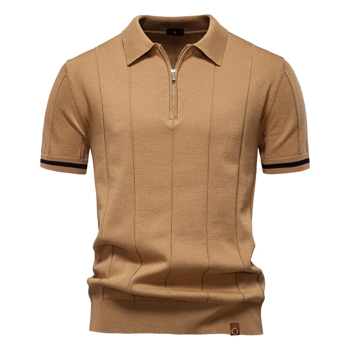 Beige short-sleeve polo shirt on a white background