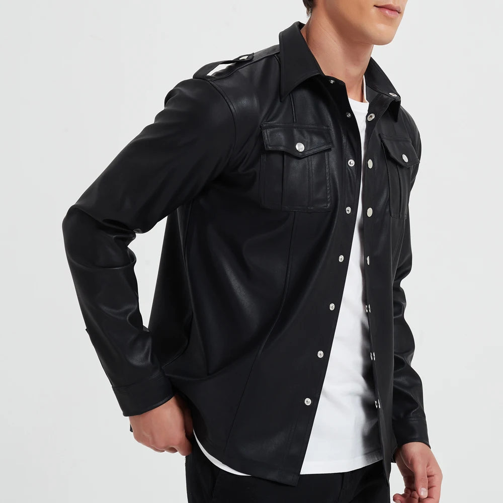 Black leather jacket over a white shirt on a plain background