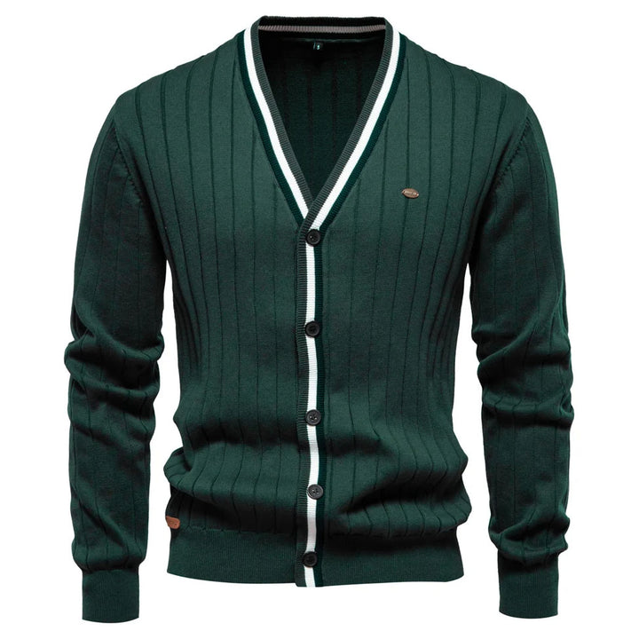 A navy blue V-neck knit cardigan with button-up style and contrast trim.