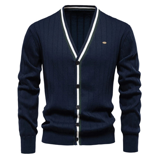 A navy blue V-neck knit cardigan with button-up style and contrast trim.