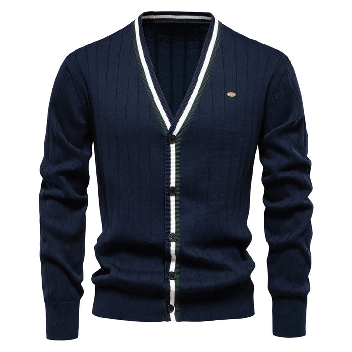 A navy blue V-neck knit cardigan with button-up style and contrast trim.