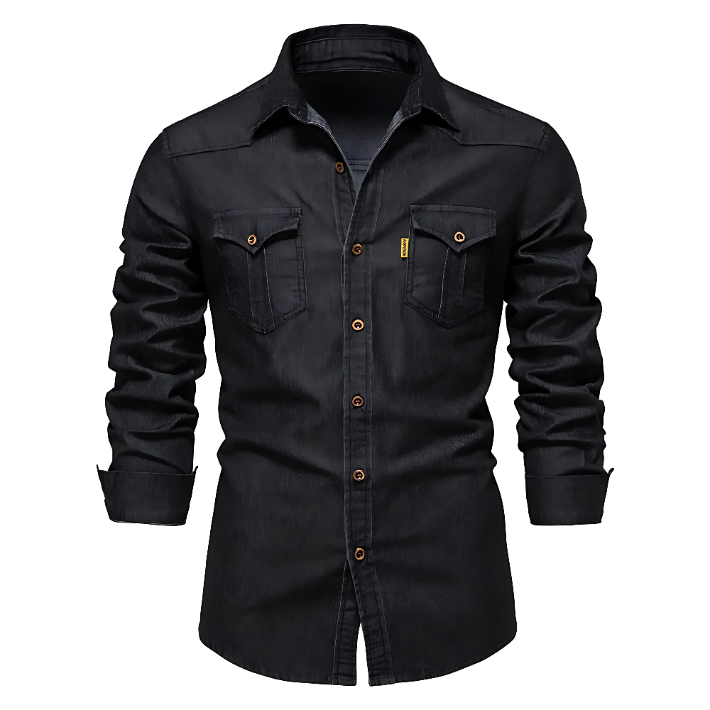 A man wearing a long-sleeved black denim shirt with a collar.